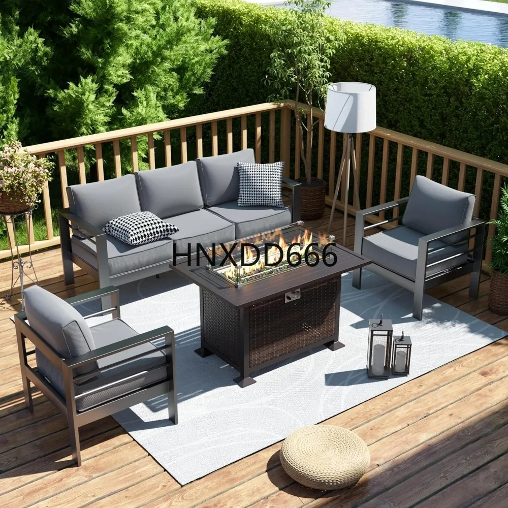 Outdoor Furniture With Fire Pit - Tuinmeubelset met vuurtafel, 6-delige aluminium buitenbankset,