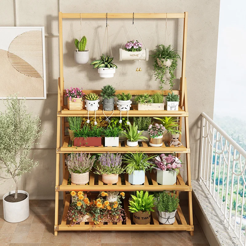 Outdoor Furniture Wood - Massief Houten Bloemenplank Plantenplanken Meerlaags Opvouwbaar