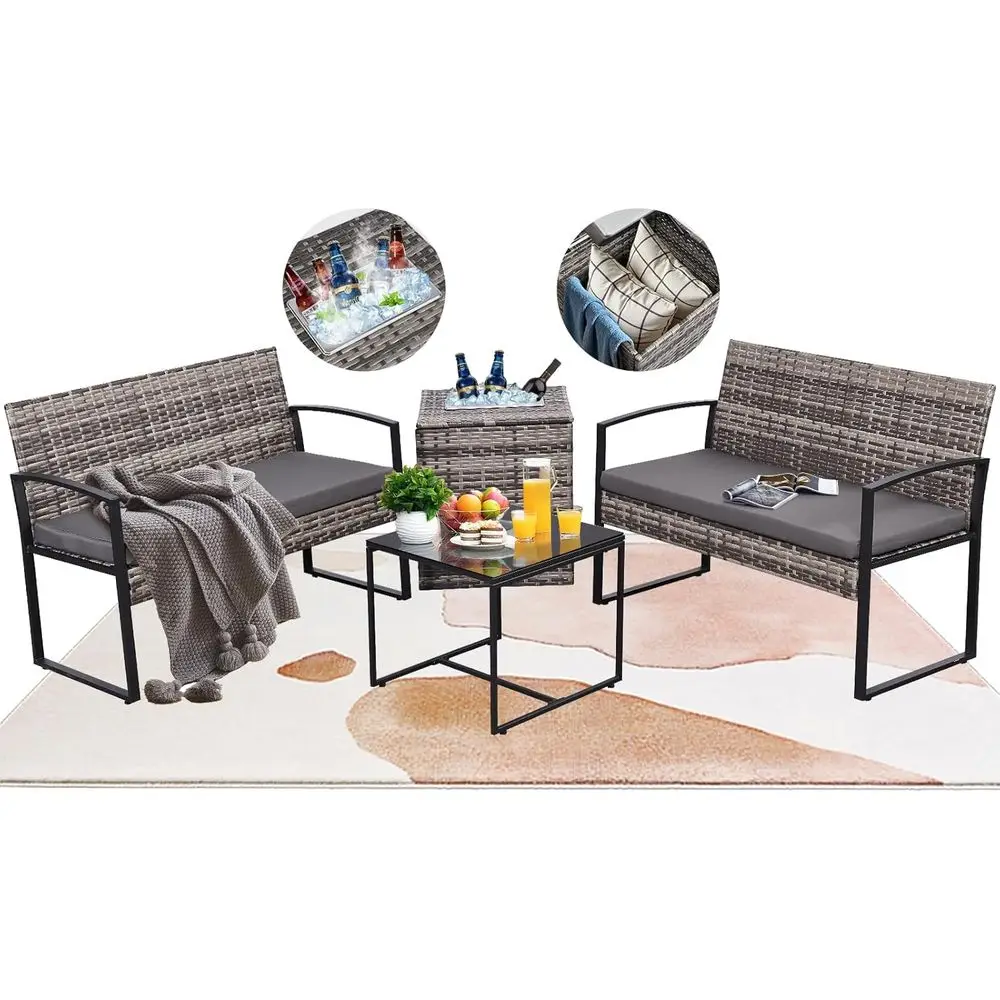 Outdoor Furniture Loveseat - 4-delige tuinmeubelset met drankenkoeler, rieten loveseats