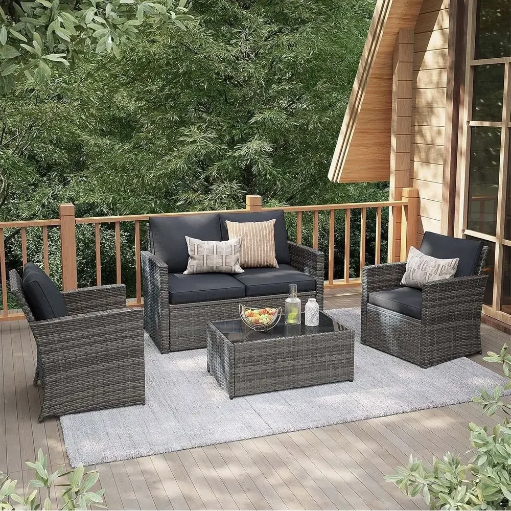 Outdoor Furniture Loveseat - 4-delige tuinmeubelset, weerbestendig riet met loveseat
