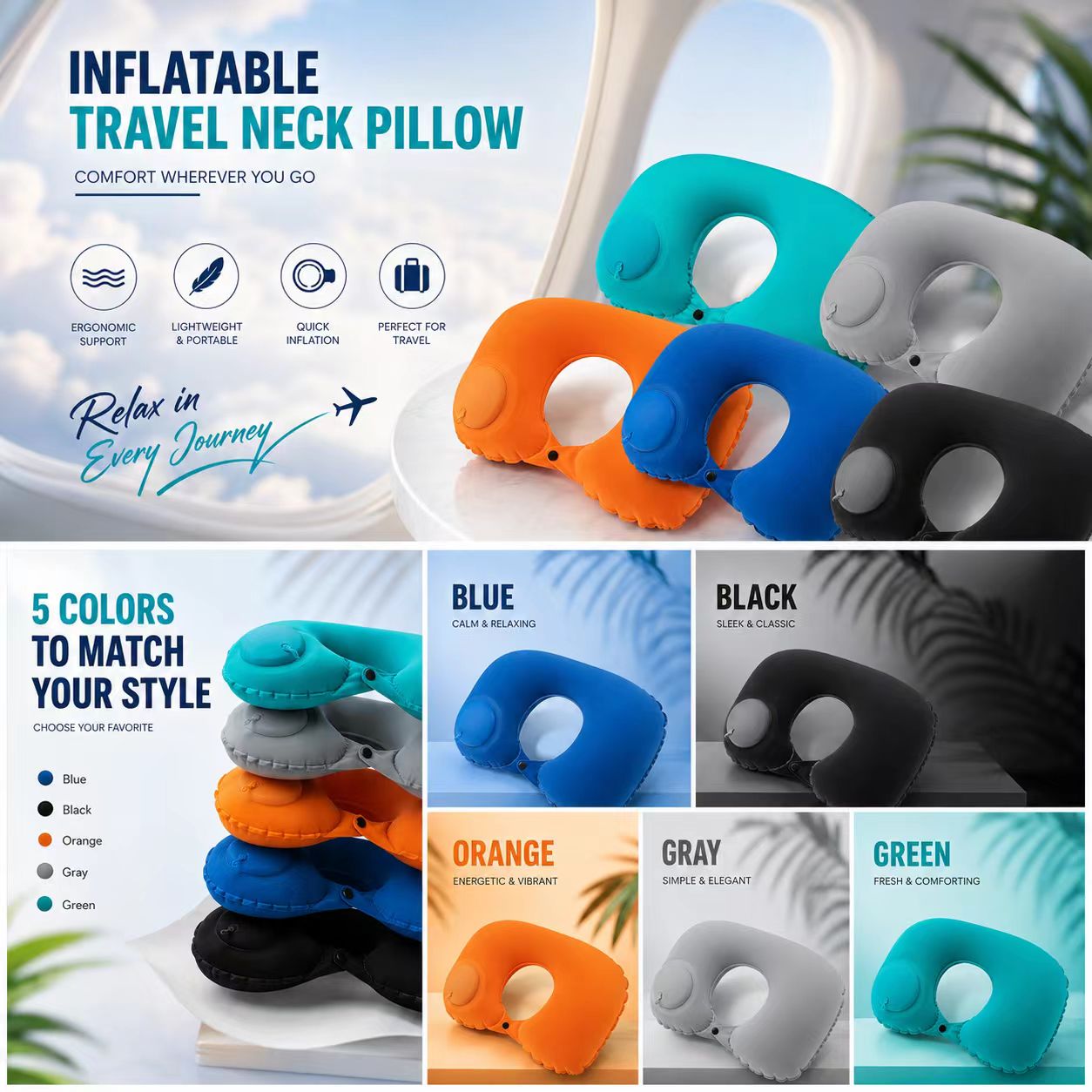 Outdoor Furniture Pillows - 5 Kleuren Opblaasbaar Kussen Opvouwbaar Draagbaar
