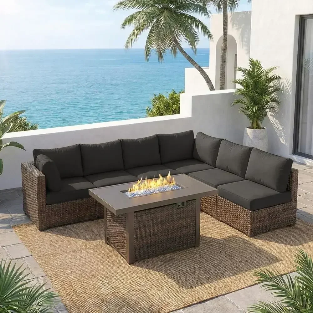 Outdoor Furniture With Fire Pit - 7-delige tuinmeubelset met 42 cm vuurplaats,