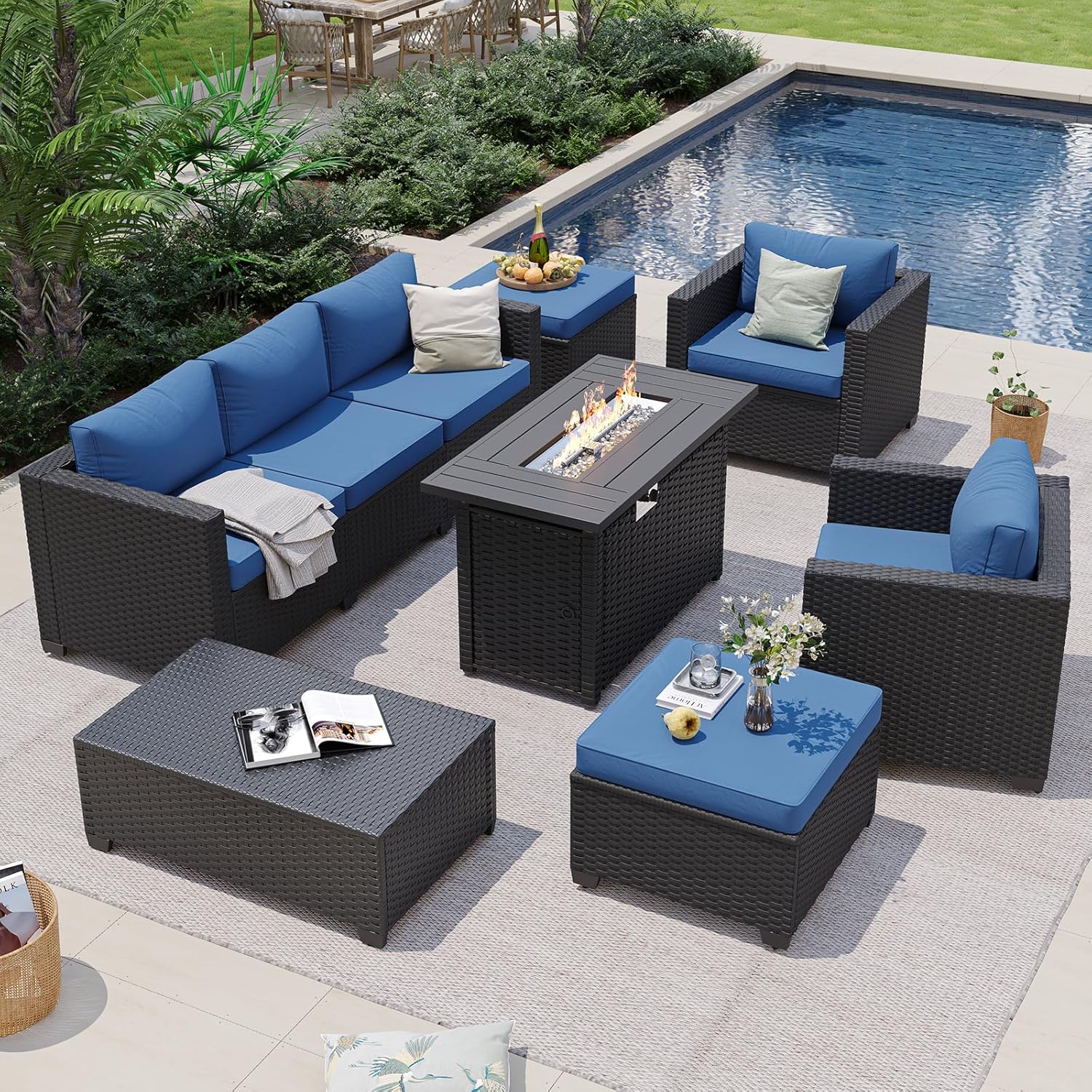 Navyblauwe buitenbank met vuur - Outdoor Furniture With Fire Pit recensie en prijs